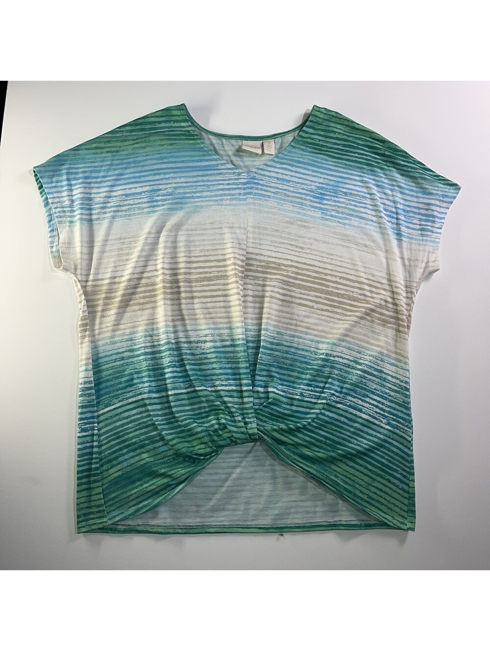 CHICO’S Women XL Blue Green Striped Twist Front Dolman Sleeves Size 3 Blouse